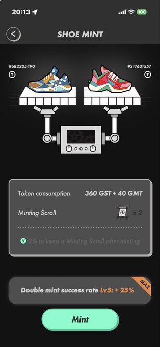 The image shows a black screen displaying an app called "Shoe Mint" with two pairs of shoes, one red and one blue, displayed on the screen. The app has a timer feature that allows users to track their shoe-wearing time. The text in the image reads "#stepn #jailed #Mint".