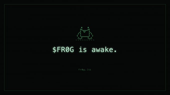 A retro-style terminal display on a black background features a green pixel-art frog mascot above the text "$FR0G is awake," with a smaller "frog: ▷△" prompt below. The image appears to be a stylized announcement for the $FR0G meme token, with the 0x wallet address likely representing the project's official Ethereum contract address.