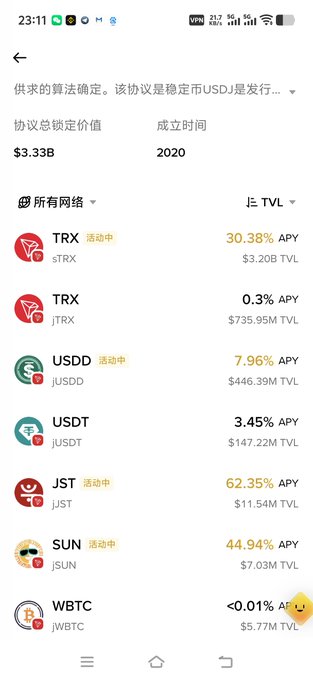 The image displays a Binance Wallet screen showing various DeFi yield opportunities on the TRON network, with a total locked value of $3.33B since 2020. The featured APY rates are TRX sTRX at 30.38%, USDD at 7.96%, JST at 62.35%, and SUN at 44.94%, aligning with the post's emphasis on TRON DeFi yield farming options.