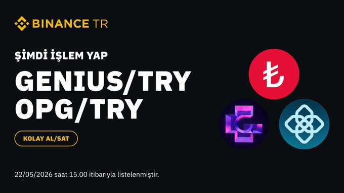 The image features a poster for Binance TR's new listings, with three different logos displayed. The first logo shows a purple circle with a red dot inside, representing the project "Genius Terminal" that was listed last week. The second logo is a blue circle with a white dot in the center, symbolizing the project "OPG/TRY". The third logo features a pink circle with a white dot on top and a black dot below it, signifying the project "KOLAY AL GURT".