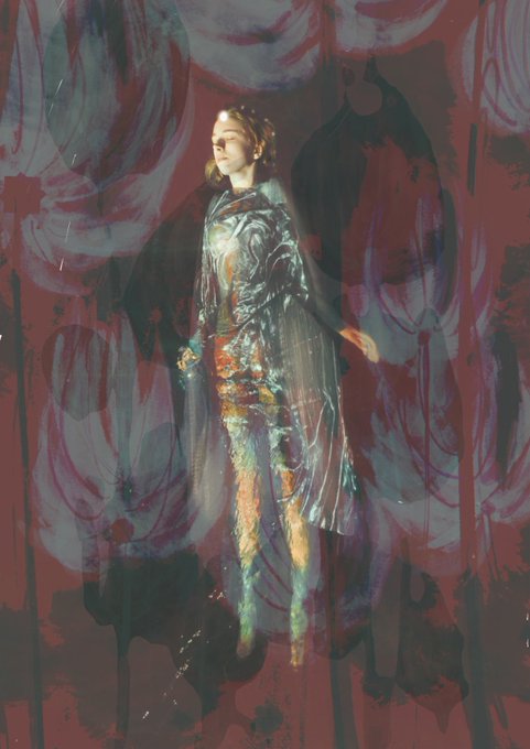 The image depicts a dreamy, painterly figure of a person with long hair wearing a textured, shimmering outfit, set against a surreal red and muted backdrop with abstract brushstrokes—appearing to be a digital artwork (likely NFT) shared on objkt.com, as indicated by the post's reference to the Tezos-based marketplace and the token link.