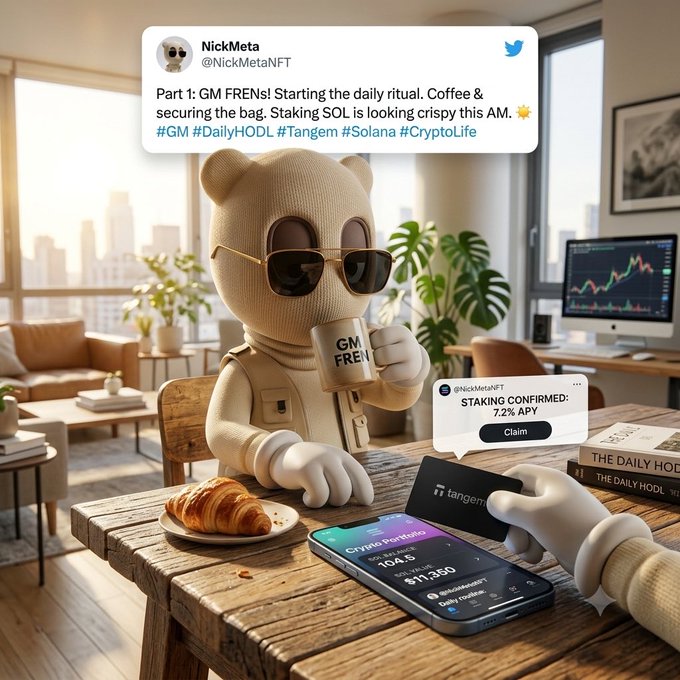 A cartoon bear character wearing sunglasses sits at a wooden table with a croissant and coffee mug, holding a phone showing crypto portfolio stats ($11,350) with a Tangem card, alongside a tweet from @NickMetaNFT reading 'Part 1: GM FRENS! Starting the daily ritual. Coffee & securing the bag. Staking SOL is looking crispy this AM. ☀️ #GM #DailyHODL #Tangem #Solana #CryptoLife' and a 'STAKING CONFIRMED: 7.2% APY' notification.