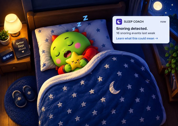 A digital illustration of a cute green dragon sleeping in bed hugging a star, with a 'SLEEP COACH' notification overlay reading 'Snoring detected. 16 snoring events last week.'