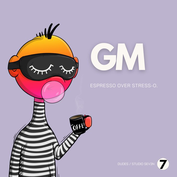 An illustrated character wearing a sleep mask and blowing a pink bubble gum bubble while holding a coffee cup labeled 'OFF!,' with text 'GM ESPRESSO OVER STRESS-O.' by Studio Sev3n.