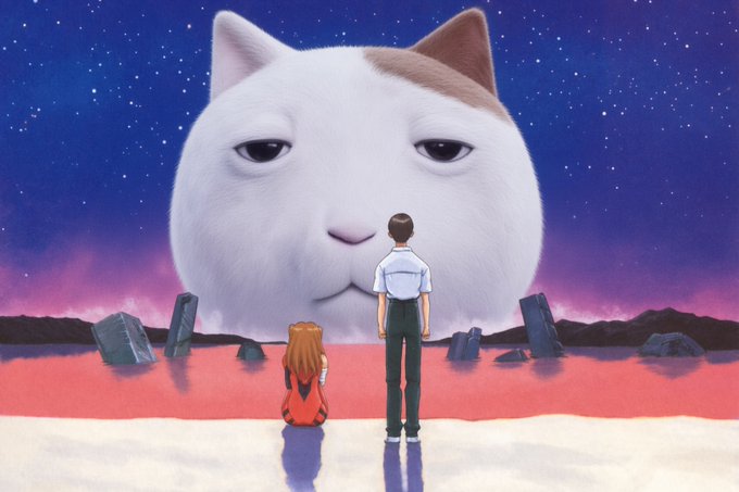 An anime-style illustration of a boy and a girl standing before a giant white cat's face in a surreal landscape with a starry sky and red ground.