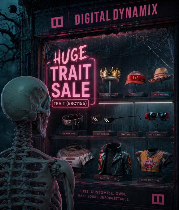 A skeleton stands before a storefront of a shop displaying hats, sunglasses, and shirts as part of "The Huge Trait Sale" for Digital Dynamix NFTs on the Flare Network. The display boasts: "Fuse. Customize. Own. Make yours unforgettable." This scene illustrates the concept of owning and building something you love as promoted by Digital Dynamix, emphasizing the uniqueness and customization of their NFTs.