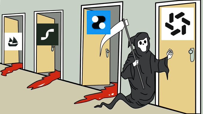 A grim reaper figure stands before a door marked with the logo of @cascade_xyz, while pools of blood spill from behind doors marked with the logos of Ventuals, Satori, and Dreamcash. The image humorously depicts @cascade_xyz as the next potential casualty for crypto projects.