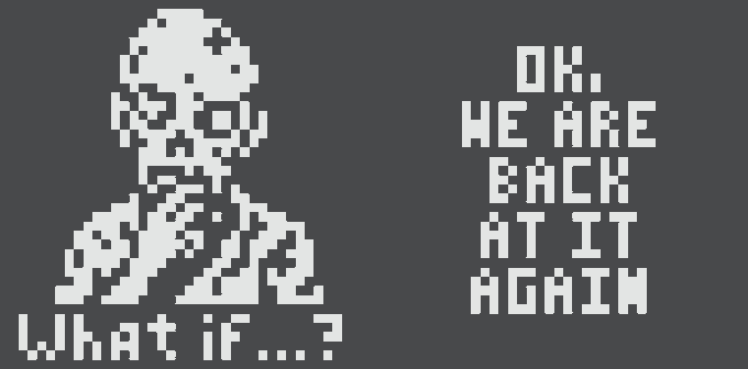 This image shows a black square with white text that reads "We are back at it again." The person depicted has glasses, which may resemble an average individual's style. In addition to this person, there is another smaller character located on the bottom right corner of the image. There is no other information provided about what this image represents or what it means in relation to the original post.