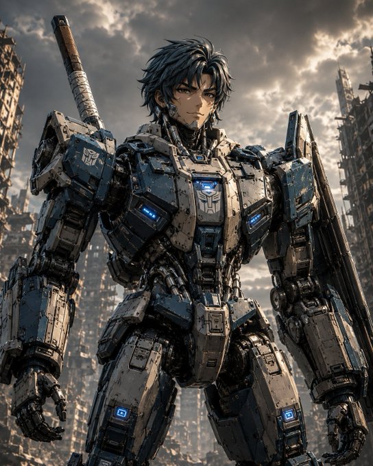 An anime-style digital illustration of a male character wearing massive, heavily detailed blue and grey mecha armor with a sword strapped to his back, standing against a cloudy sky and ruined cityscape background.