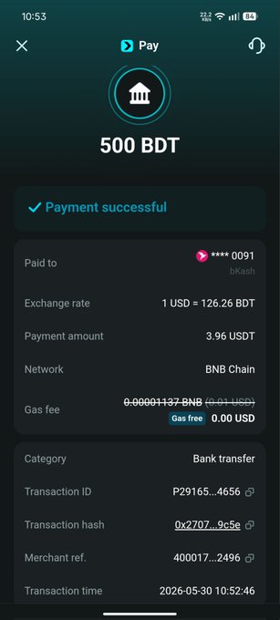 The image shows a mobile phone screen displaying information about a payment made using Bitcoin Cash, specifically for 500 BDT. The text on the screen indicates that the payment has been successful and the user can expect their money within 30 seconds. The message also mentions that the transaction was processed by Bitget Wallet's Bank Transfer service, which is known to be fast and reliable.