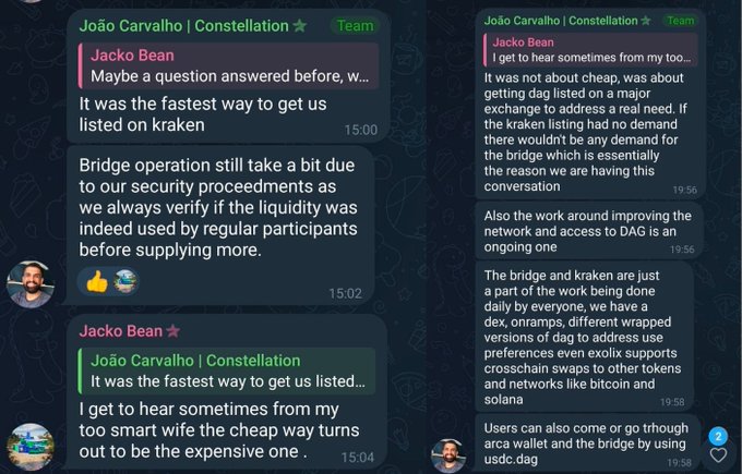 A Telegram chat between João Carvalho of Constellation Team and "Jacko Bean" discusses the operational reasons for using a bridge for DAG tokens, with João explaining that bridge operations take time due to security procedures and liquidity verification, while Jacko notes that the cheapest listing option ended up being necessary to address real demand, reinforcing the post's point that Kraken's listing of INK_DAG (now trading at the same price as native DAG on Stargazer) was the fastest path to major exchange access.
