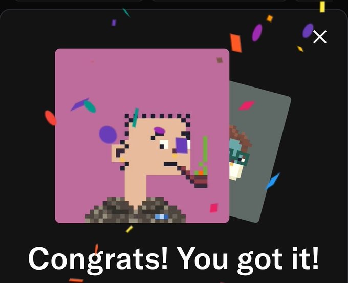 A digital celebration screen displaying 'Congrats! You got it!' with pixel art characters and confetti on a black background.