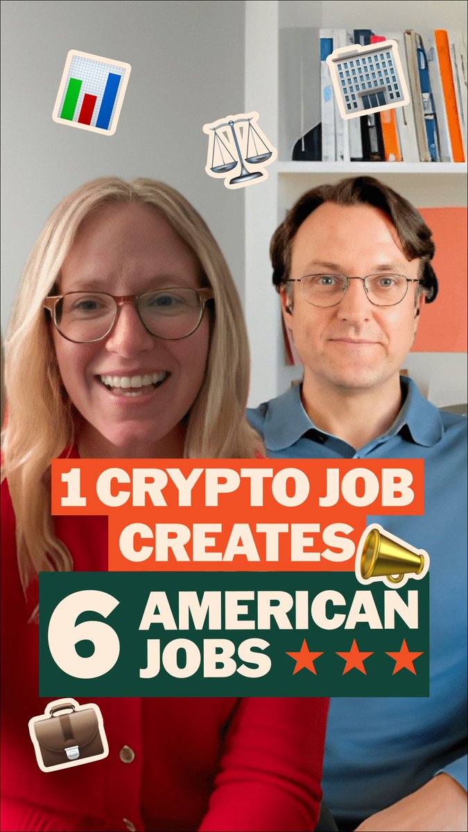 A graphic overlay on a photo of two people states, "1 Crypto Job Creates 6 American Jobs," visually supporting the post's message about the broad economic impact of the crypto industry.