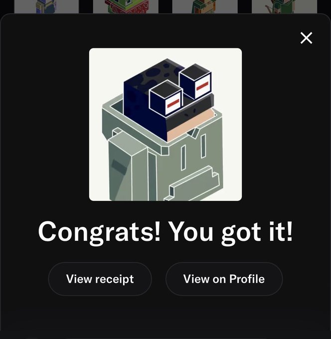 A dark mobile app screen displaying 'Congrats! You got it!' above two buttons labeled 'View receipt' and 'View on Profile', featuring an isometric illustration of a box with red and blue details.