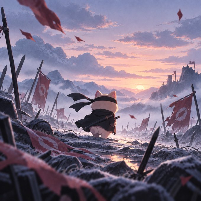 A digital illustration of a cartoon cat dressed as a ninja warrior with a headband and sword, standing in a dramatic battlefield at sunset surrounded by flags.