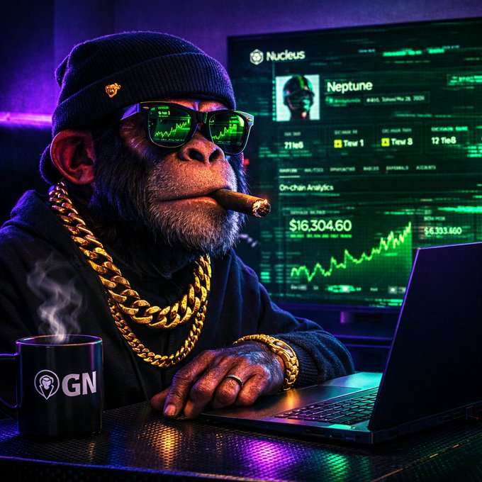 A stylized digital artwork of a chimpanzee wearing sunglasses, gold chains, and a beanie, smoking a cigar while working on a laptop in front of a 'Nucleus' Neptune trading dashboard with green chart graphics.