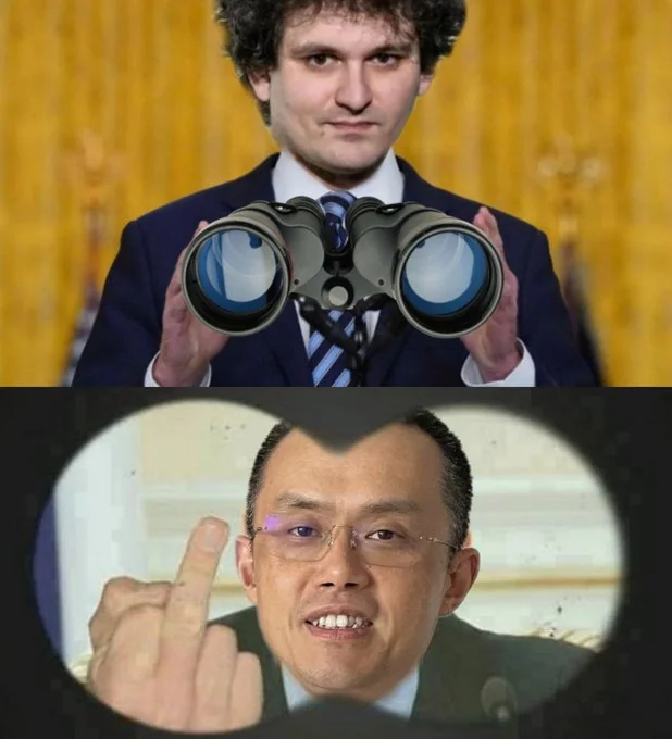 A meme image showing FTX founder Sam Bankman-Fried looking through binoculars in the top panel, with Chinese billionaire Richard Xu or similar figure seen through the lens flipping off the viewer in the bottom panel.