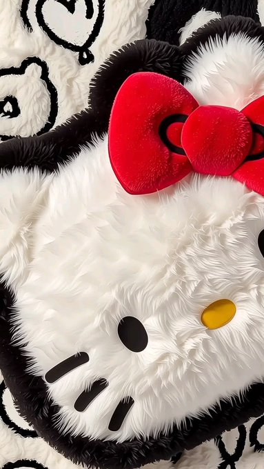 A close-up shows a Hello Kitty plush item, possibly a slipper or bag, featuring the character's face and a large red bow.