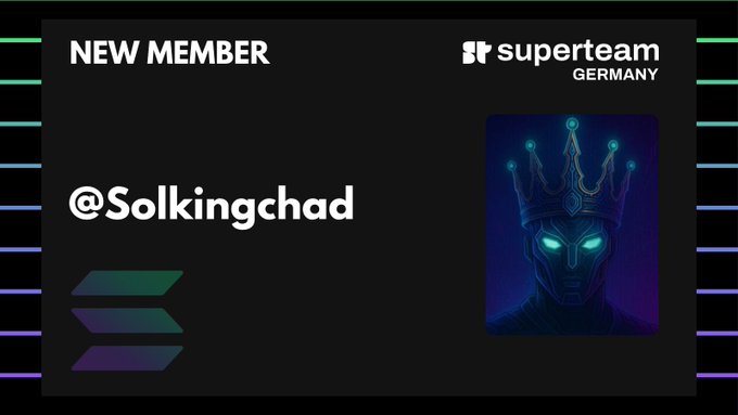 A "New Member" announcement card for Superteam Germany welcoming @Solkingchad, featuring a digital illustration of a blue-hued crowned figure with glowing eyes, visually introducing the new community member highlighted in the post.