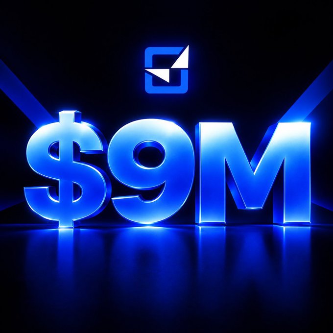 A 3D graphic displaying '$9M' in large, glowing blue letters beneath a stylized square logo on a dark background.