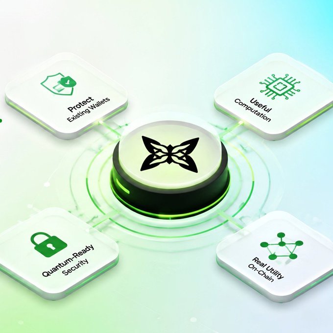 A 3D infographic showcasing a central logo with four connected features: Protect Existing Wallets, Useful Computation, Quantum-Ready Security, and Real Utility On-Chain.