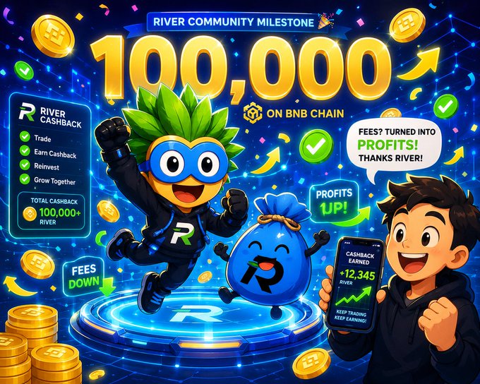A colorful promotional graphic celebrating 'RIVER COMMUNITY MILESTONE 100,000' 'ON BNB CHAIN,' featuring a cartoon character in a green spiky wig, a smiling blue money bag with the 'R' logo, and another character showing a 'CASHBACK EARNED +12,345 RIVER' notification.