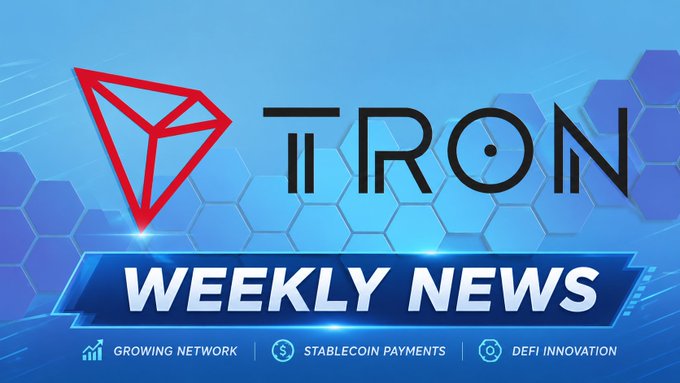 A promotional banner displays the red TRON cryptocurrency logo with text reading 'TRON WEEKLY NEWS' and tags 'Growing Network', 'Stablecoin Payments', and 'DeFi Innovation' on a blue honeycomb background.