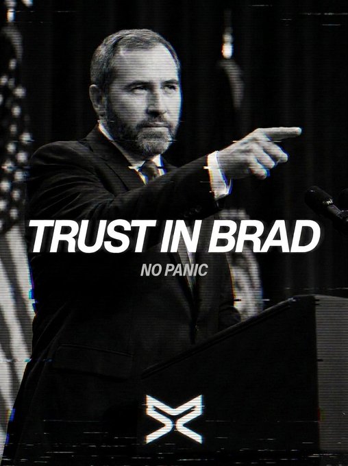 A stylized image of a bearded man in a suit pointing forward at a podium, featuring the XRP logo and the overlaid text 'TRUST IN BRAD' and 'NO PANIC'.