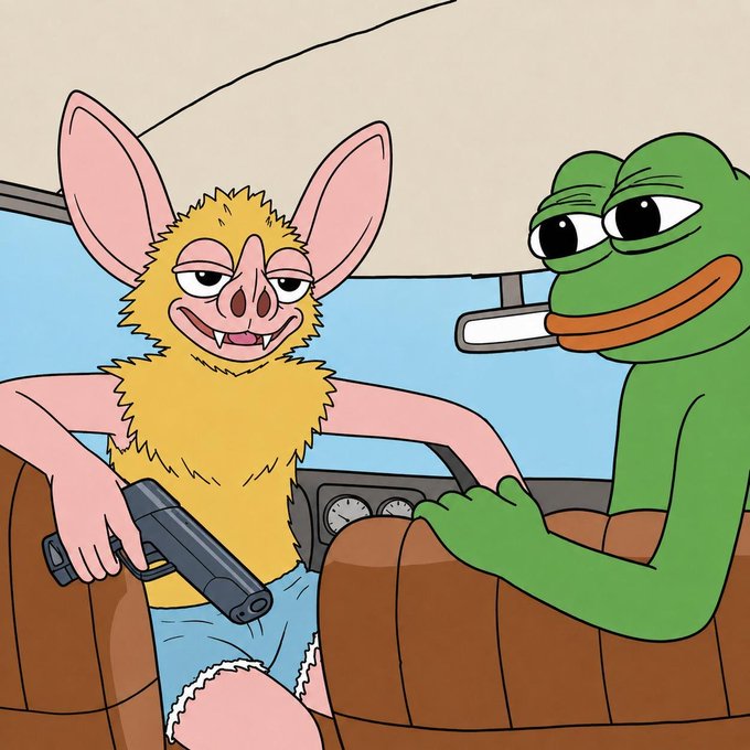 A cartoon image shows a furry yellow bat-like creature holding a handgun while sitting next to a relaxed Pepe the Frog inside a car. The meme ties into the post's theme of "hoodrat" energy by pairing the aggressive, "hood" character with the calm Pepe, asking viewers if they'd admit to owning $HOODRAT.