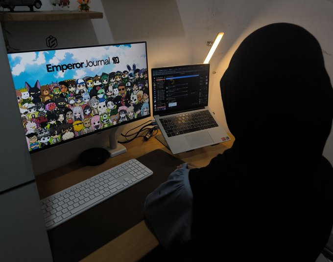 A hooded figure sits at a newly upgraded desk setup featuring a monitor displaying "Emperor Journal" with cartoon characters and a laptop, paying tribute to the crypto community. The image aligns with the post's gratitude to @emperorjournal_ and @GuarEmperor, showcasing the member's appreciation for the community through their refreshed workspace.