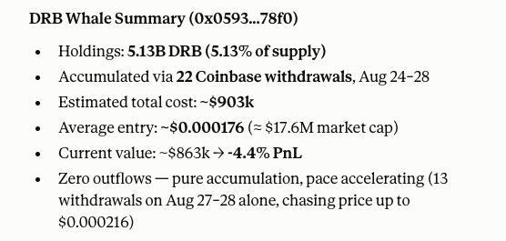 A text summary titled 'DRB Whale Summary (0x0593...78f0)' detailing cryptocurrency holdings of 5.13B DRB (5.13% of supply), accumulated via 22 Coinbase withdrawals from Aug 24-28 at an estimated total cost of ~$903k, with current value at ~$863k showing -4.4% PnL.