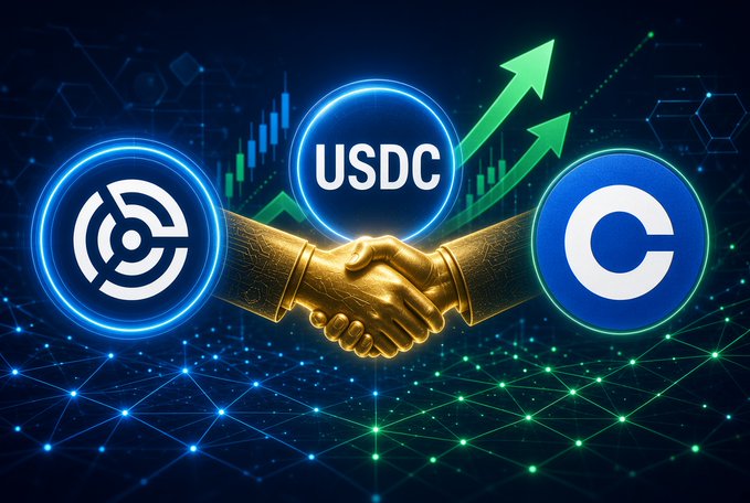 A crypto-themed graphic showing a golden handshake between two coins with the text 'USDC' above, set against a digital background with rising green arrows and candlestick charts.
