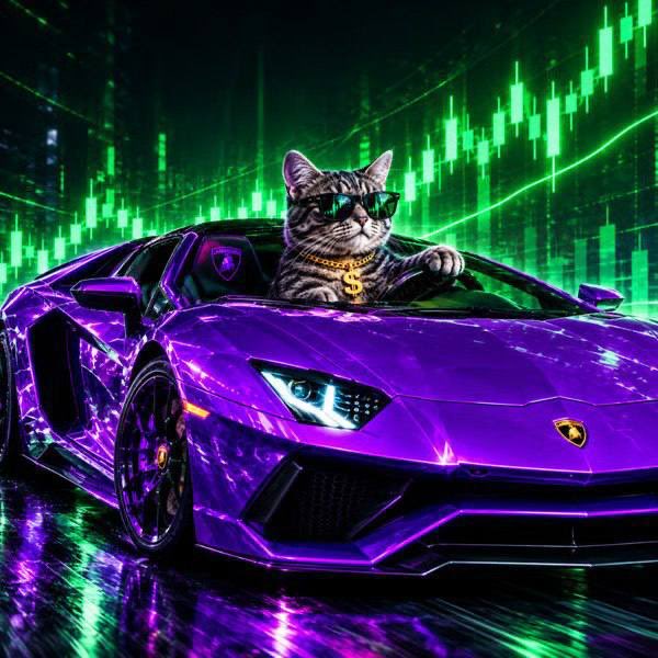 A digital illustration shows a tabby cat wearing sunglasses and a gold dollar-sign chain driving a purple Lamborghini against a backdrop of rising green stock market charts.