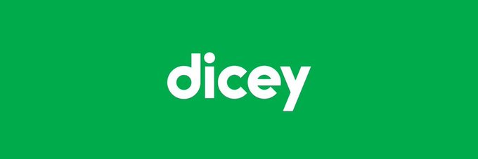 The image displays the word "dicey" in white lowercase text against a solid green background, which appears to be Dicey's logo/brand image. The post promotes signing up on dicey.com with code "RUBIX" for a giveaway, indicating this image represents the Dicey gambling platform being advertised.
