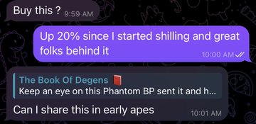 A text message conversation shows messages including 'Buy this?', 'Up 20% since I started shilling and great folks behind it', a link labeled 'The Book Of Degens', and 'Can I share this in early apes'.