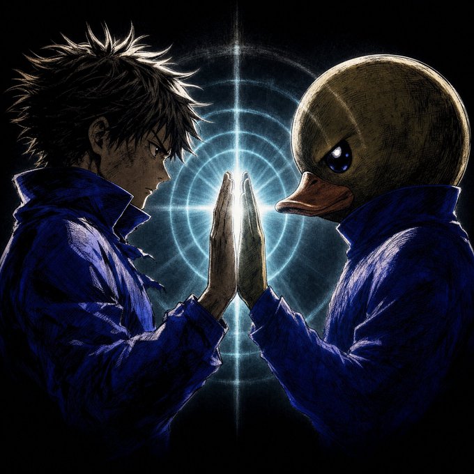 Anime artwork showing a spiky-haired man facing a duck-headed figure in blue jackets, with their hands pressed together glowing against a radar-like background.