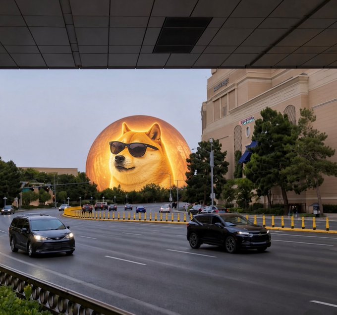 A massive illuminated Shiba Inu (Doge) wearing sunglasses glows from a giant sphere along a Las Vegas boulevard, with cars passing by near a building displaying signage for retail establishments. The image humorously depicts a futuristic "DogeOS" Las Vegas skyline, visualizing the post's claim about Dogecoin's upcoming integration with X Money and the DogeOS ecosystem.