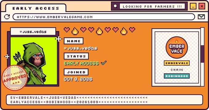 A pixel-art style interface for 'EmberVale' game shows an early access profile card for 'juss_vedas' with status 'EARLY ACCESS' approved, joined Oct 9, 2025, and chain 'ROBINHOOD'.