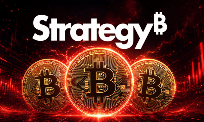 Three glowing golden Bitcoin coins are displayed with the text 'Strategy₿' above them against a fiery red digital background.