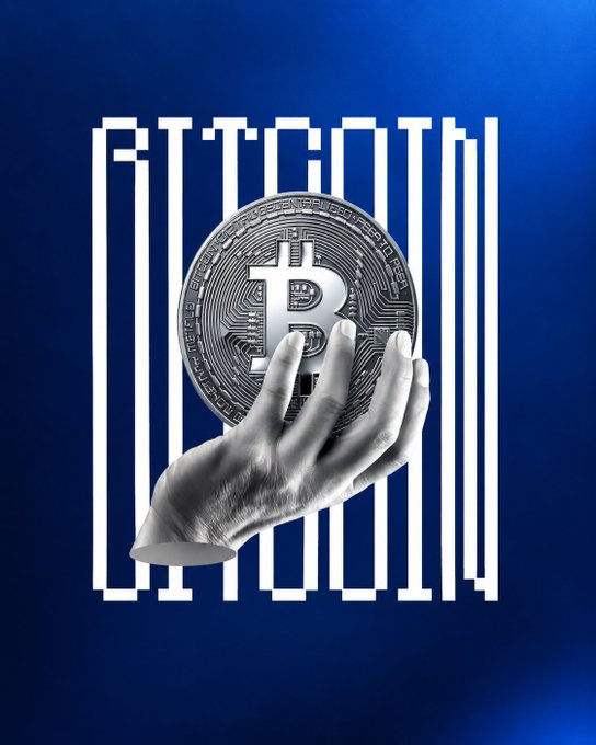 A grayscale hand emerges through the bars of "BITCOIN" to hold a silver Bitcoin coin against a deep blue background, visually reinforcing the message of placing Bitcoin directly in the user's hands.