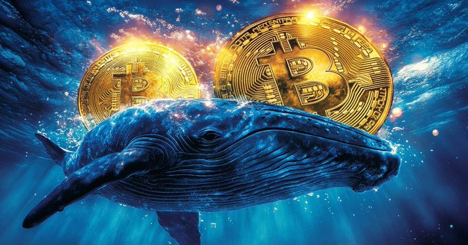 A blue whale swimming underwater with two large golden Bitcoin coins floating above it, illuminated by a glowing cosmic background.