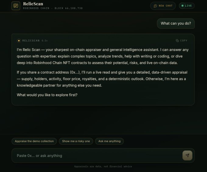 A screenshot of the 'RelicScan' AI chat interface on Robinhood Chain, describing itself as an on-chain appraiser and general intelligence assistant that can analyze NFT contracts and provide data-driven insights.
