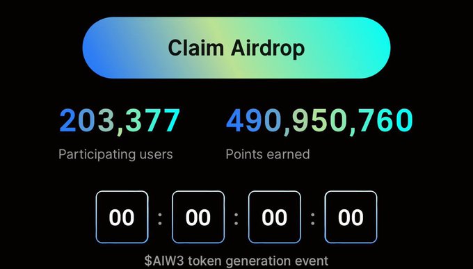 A digital advertisement displays a 'Claim Airdrop' button, showing 203,377 participating users and 490,950,760 points earned, with a countdown timer for the $AIW3 token generation event.