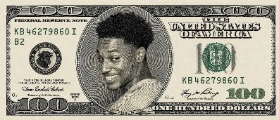 A modified $100 Federal Reserve Note featuring a portrait of a smiling young man with an afro instead of Benjamin Franklin, with serial number KB46279860 I.
