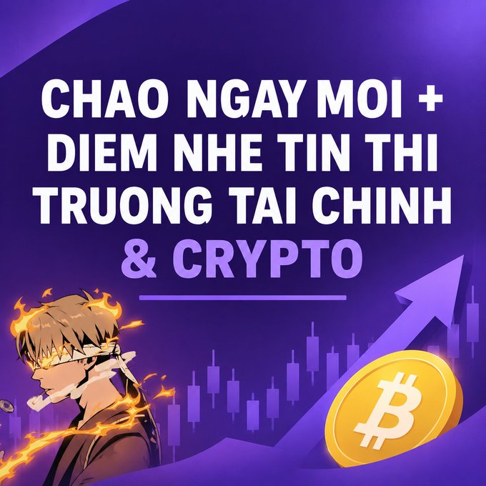 A purple graphic features the Vietnamese text "Chào ngày mới + Điểm nhẹ tin thị trường tài chính & Crypto" alongside an anime character with fiery effects, a rising candlestick chart, and a gold Bitcoin coin, illustrating a bullish crypto market update.