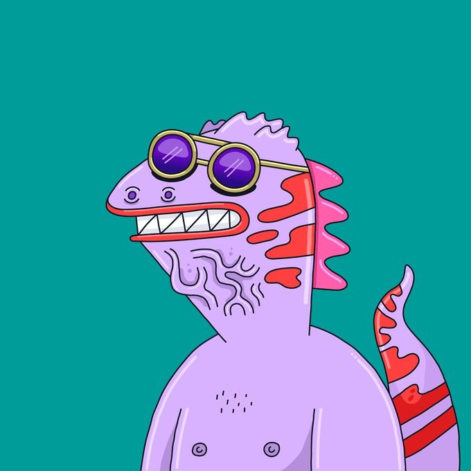 A stylized cartoon illustration of a purple dinosaur wearing purple round sunglasses with pink spikes along its back.