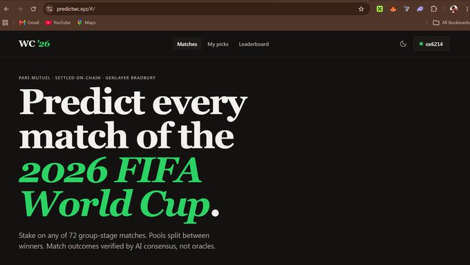 The image shows a webpage with a black background, displaying the text "Predict every match of the 2026 FIFA World Cup." The website appears to be a prediction market for the upcoming FIFA World Cup, where users can make predictions about the matches and their outcomes. The website is hosted on a server named "shippedWC'26" and has been built by Bradbury himself.