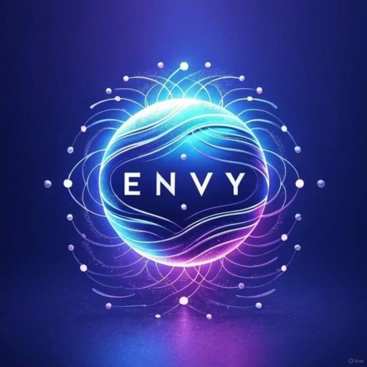 The image shows a digital illustration of the word "ENVY" floating inside a vibrant, glowing bubble that resembles a celestial body surrounded by an array of small lights and particles against a dark blue background. A caption below the image states that "ENVY has operated Cardano Stake Pool since August 202", indicating it is a decentralized Bitcoin exchange utilizing the Cardano stablecoin. The post also mentions fees, with the current lowest fees, and that the platform operates on a 'decentralized & resilient delegate' model - essentially providing easy access to earn ADA rewards through the exchange.