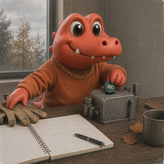 A 3D-rendered red cartoon crocodile character wearing a brown sweater and gold chain, sitting at a desk with a notepad and pen while dropping a coin labelled '$BC' into a metal device.