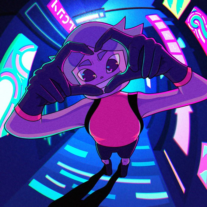 A purple-haired character in a magenta tank top forms a heart shape with their gloved hands against a vibrant neon-lit, cyberpunk-style background featuring the text "KETA." The pose and colorful aesthetic celebrate the post's "We love Volt⚡️" sentiment through a playful, affectionate gesture.